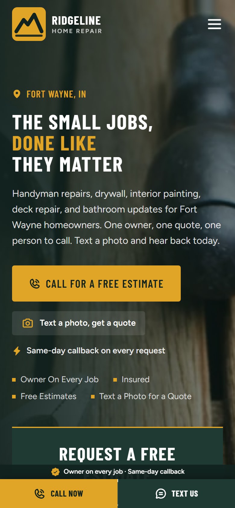 The same contractor website on a phone